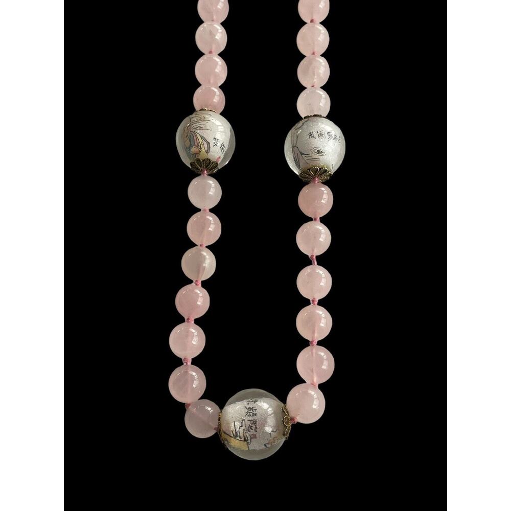 Vintage Translucent Pink Rose Quartz And Chinese Inside Painted Glass Necklace